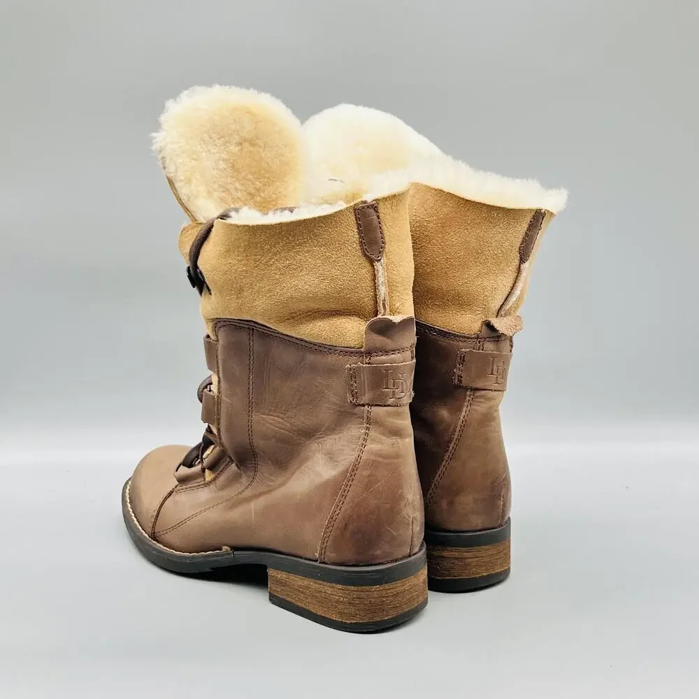 Luxe De León Boots Womens 6.5 Brown Leather Shearling Lace Up Mid Calf Shoes
